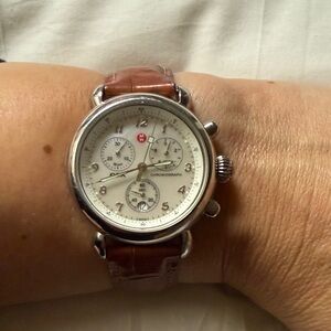 Michele Silver Watch with Brown Leather Strap